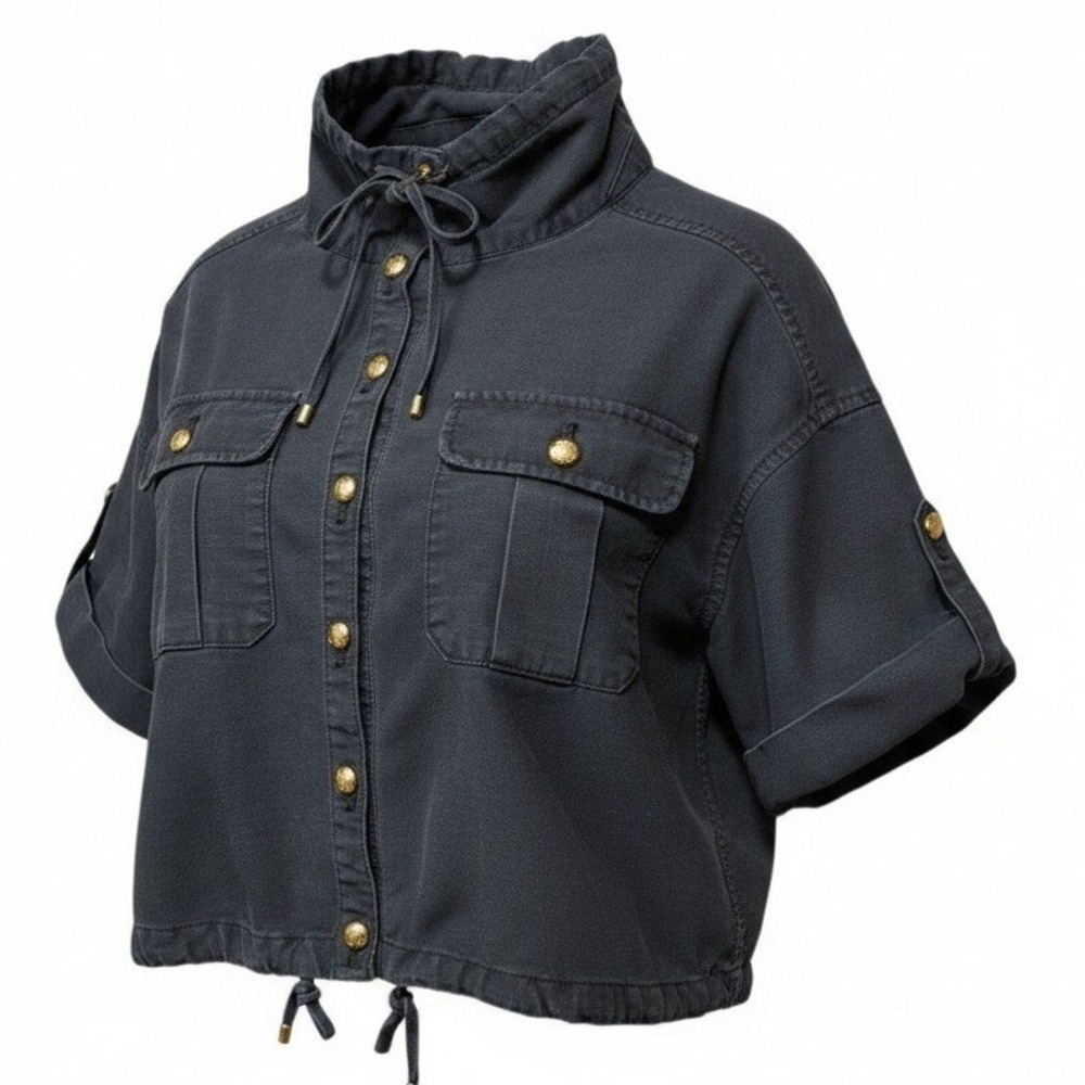 Lauren Ralph Lauren Utility Shirt Women 4 Black Lyocell Cotton Gold Crest Button